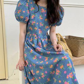 Puff-sleeve Fruit Print Midi Smock Dress Fruit Print - Blue & Tangerine & Pink - One Size