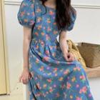 Puff-sleeve Fruit Print Midi Smock Dress Fruit Print - Blue & Tangerine & Pink - One Size