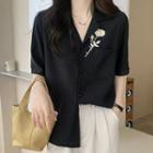 Short-sleeve Floral Embroidered Shirt Black - One Size