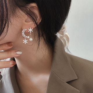 Non-matching Star & Moon Drop Earring S925 Sterling Silver - Star & Moon - One Size