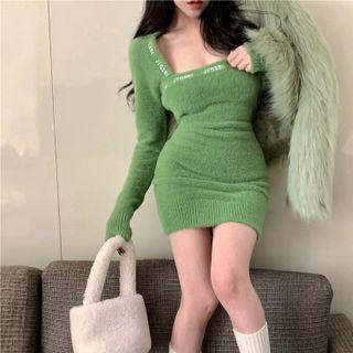 Square-neck Mini Bodycon Dress / Fluffy Jacket