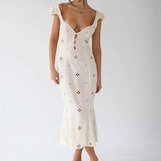 Cap-sleeve Floral Cutout Midi Bodycon Dress