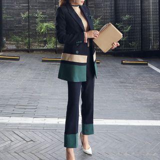 Set: Contrast-color Double-breasted Blazer + Contrast-color Pants