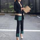 Set: Contrast-color Double-breasted Blazer + Contrast-color Pants