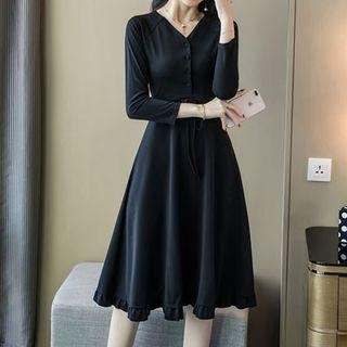 Long-sleeve Button Midi A-line Dress