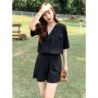 Set: Plain Short-sleeve Blouse + High-waist Wide-leg Shorts