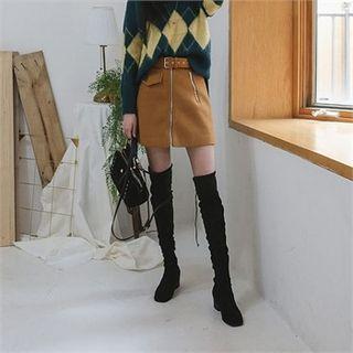 Belted Zipped Wool Blend Miniskirt