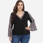 Plus Size Long-sleeve Leopard Print Panel T-shirt