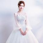 Long-sleeve Applique Tulle-overlay Evening Gown