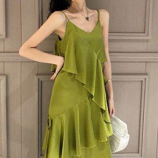 Spaghetti Strap Ruffled Midi Satin Dress