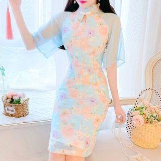Short-sleeve Floral Mesh Panel Mini Sheath Dress