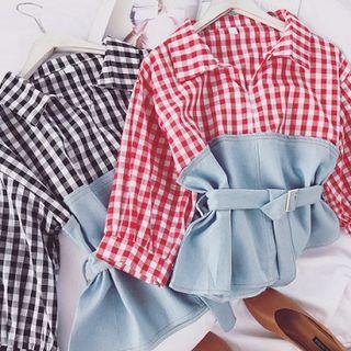 Check V-neck Puff-sleeve Blouse