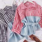 Check V-neck Puff-sleeve Blouse