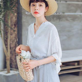 Dotted Elbow-sleeve V-neck Chiffon Blouse