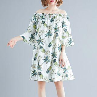 Print Bell-sleeve Off-shoulder Dress