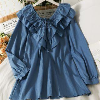 Tie-neckline Ruffle-trim Denim Mini Dress