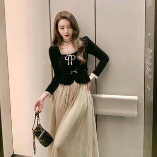 Set: Ribbon Long-sleeve Velvet Top + Maxi A-line Mesh Skirt