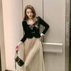 Set: Ribbon Long-sleeve Velvet Top + Maxi A-line Mesh Skirt