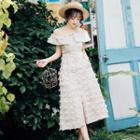 Off-shoulder Single-breasted Flocking Midi A-line Dress