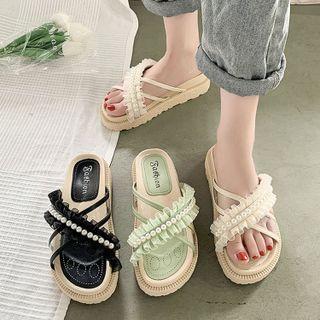 Faux Pearl Frill Trim Pvc Strap Platform Slide Sandals