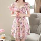 Square-neck Floral Flared Lace Dress