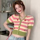 Short-sleeve Color Block Striped Cropped Cardigan