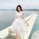 Short-sleeve Star Print A-line Mesh Dress