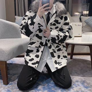 Cow Print Padded Hooded Zip Jacket