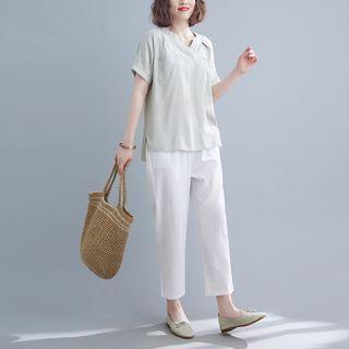 Set: Short-sleeve Linen Top + Pants