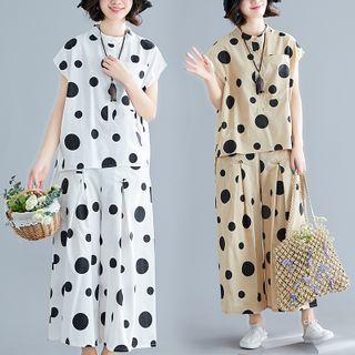 Set : Dotted Stand-collar Short-sleeve Shirt + Wide-leg Pants