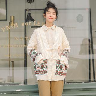 Ethnic Knit V-neck Toggle Sweater Jacket Off-white - One Size