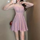 Mesh Panel Long-sleeve Plaid Mini A-line Dress