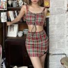 Set: Plaid Lace-up Cropped Camisole Top + Mini Fitted Skirt