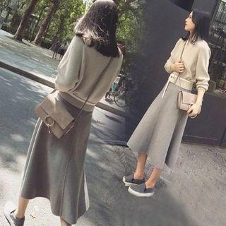 Set: V-neck Sweater + Midi A-line Knit Skirt
