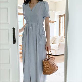 Short-sleeve Button-up Midi Sheath Dress