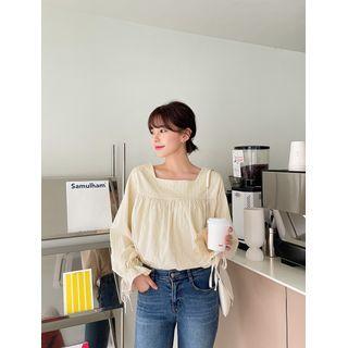 Square-neck Tie-cuff Shirred Blouse