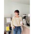 Square-neck Tie-cuff Shirred Blouse