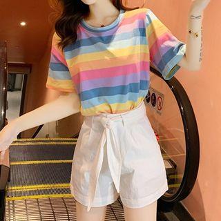 Striped Short-sleeve T-shirt / Plain Shorts / Set