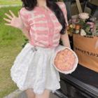 Short-sleeve Bow Print Cardigan / Mini A-line Skirt