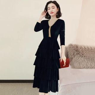 Long-sleeve A-line Tiered Velvet Dress
