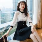 3/4-sleeve Glitter Mesh Paneled A-line Mini Dress