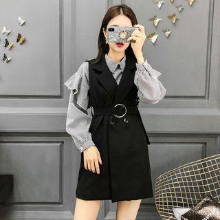 Set: Frill Trim Striped Blouse + Pinafore Dress