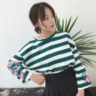 Flower Embroidered Striped Long-sleeve T-shirt