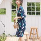 Elbow-sleeve Cactus Print Open Front Jacket Floral - One Size