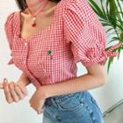 Puff-sleeve Gingham Crop Blouse With Choker