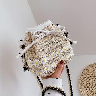 Flower Embroidered Woven Bucket Bag
