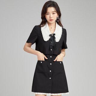 Short-sleeve Collar Mock Two-piece Mini A-line Dress