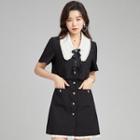 Short-sleeve Collar Mock Two-piece Mini A-line Dress