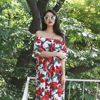 Off-shoulder Floral Cotton Long Dress