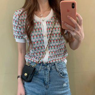 Short-sleeve Knit Top Red & Pink Flower - White - One Size